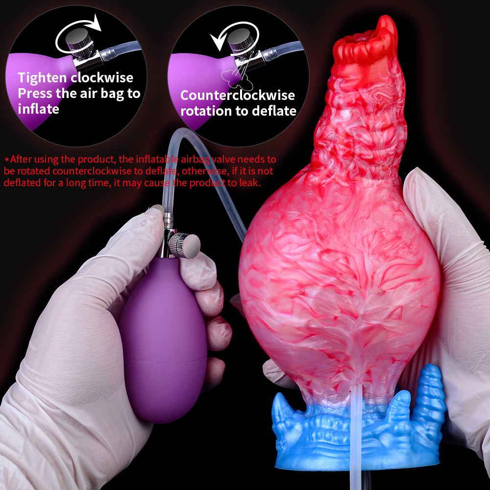 Inflatable dildo with fantasy knot, red-pink swirl, blue base and inflation bag valve