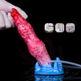 Hand-held inflatable dildo, red-pink swirl with blue base and clear inflation tubes