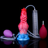 Red-pink inflatable dildo with blue base, clear tube, and white measurement cylinder