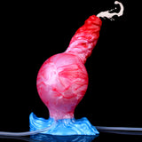 Inflatable dog dildo squirting, red-pink swirled body and blue base with white spray