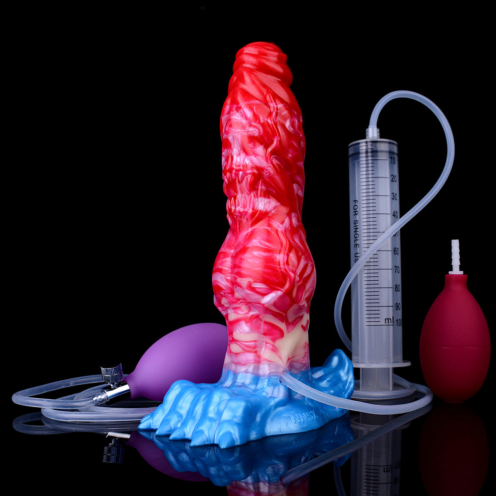 Huge inflatable dog dildo with red-pink swirled body, blue base, pump parts included