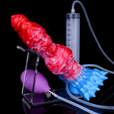 Inflatable dog dildo with blue base, red-pink body, pump tubing and measuring cylinder