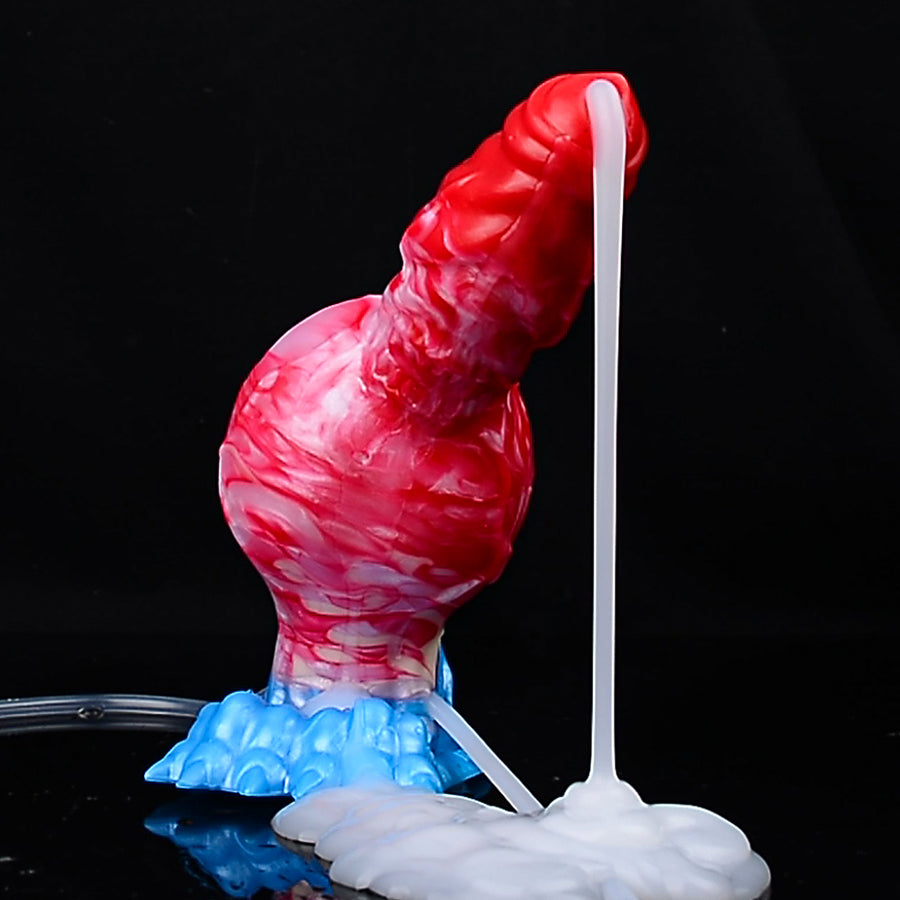 Inflatable novelty sex toy with red-pink body, blue base, standing with tube