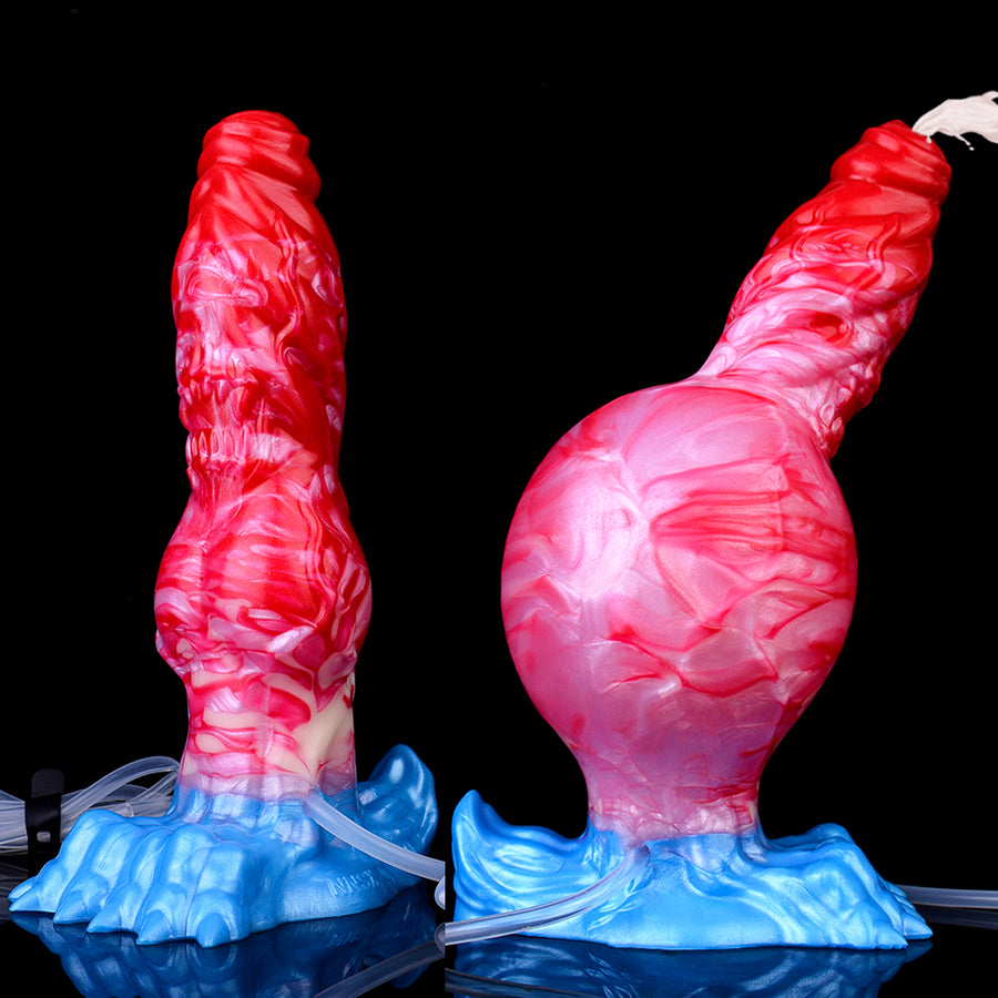 Inflatable novelty sex toy front and side view, red-pink body with blue base