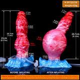 Size diagram for inflatable dog dildo: before vs after inflating