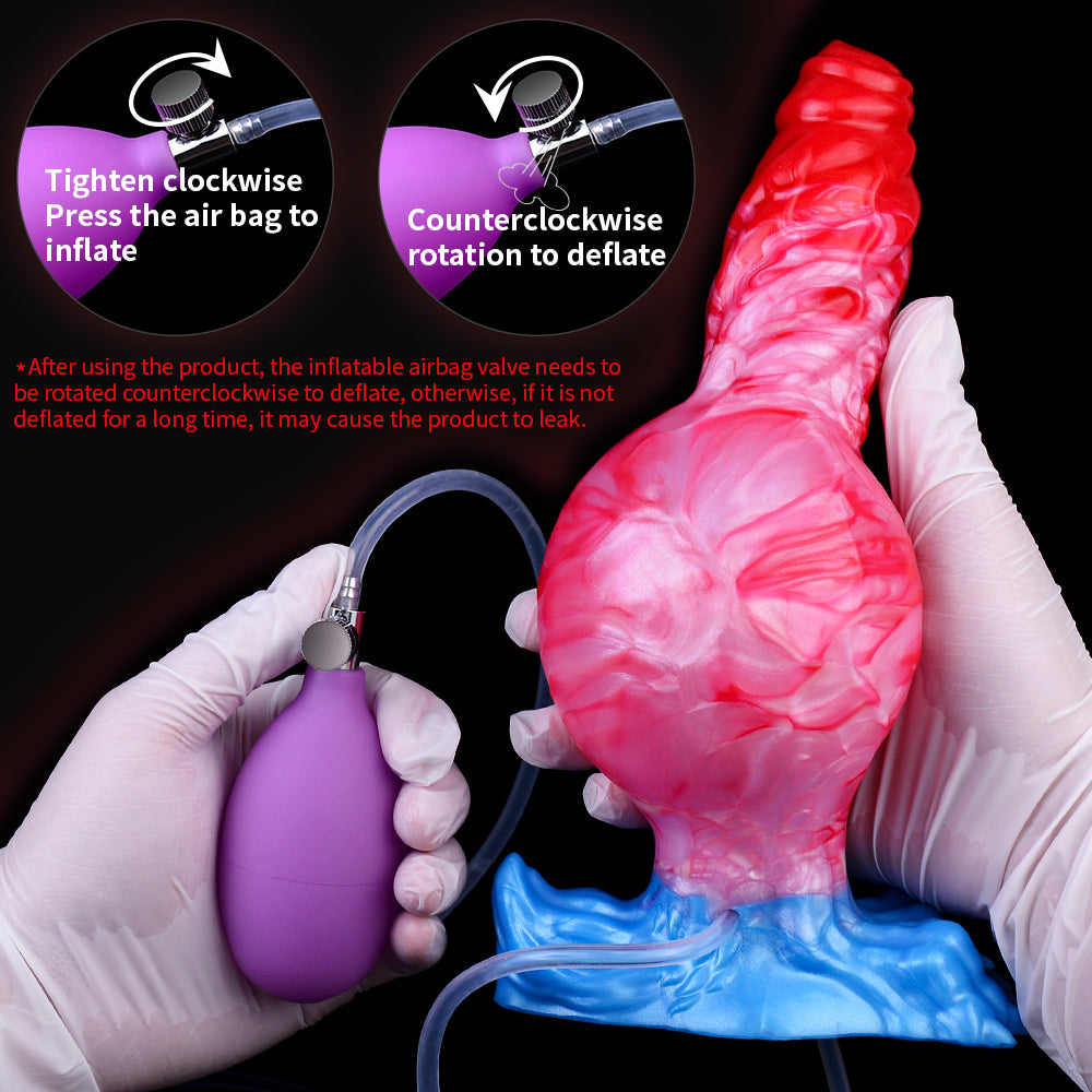Inflatable dog dildo with blue base and pump tubing, shown with latex gloves