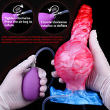 Inflatable dog dildo with blue base and pump tubing, shown with latex gloves