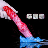 Inflatable dog dildo on blue base, red-pink swirled shaft with attached tubes