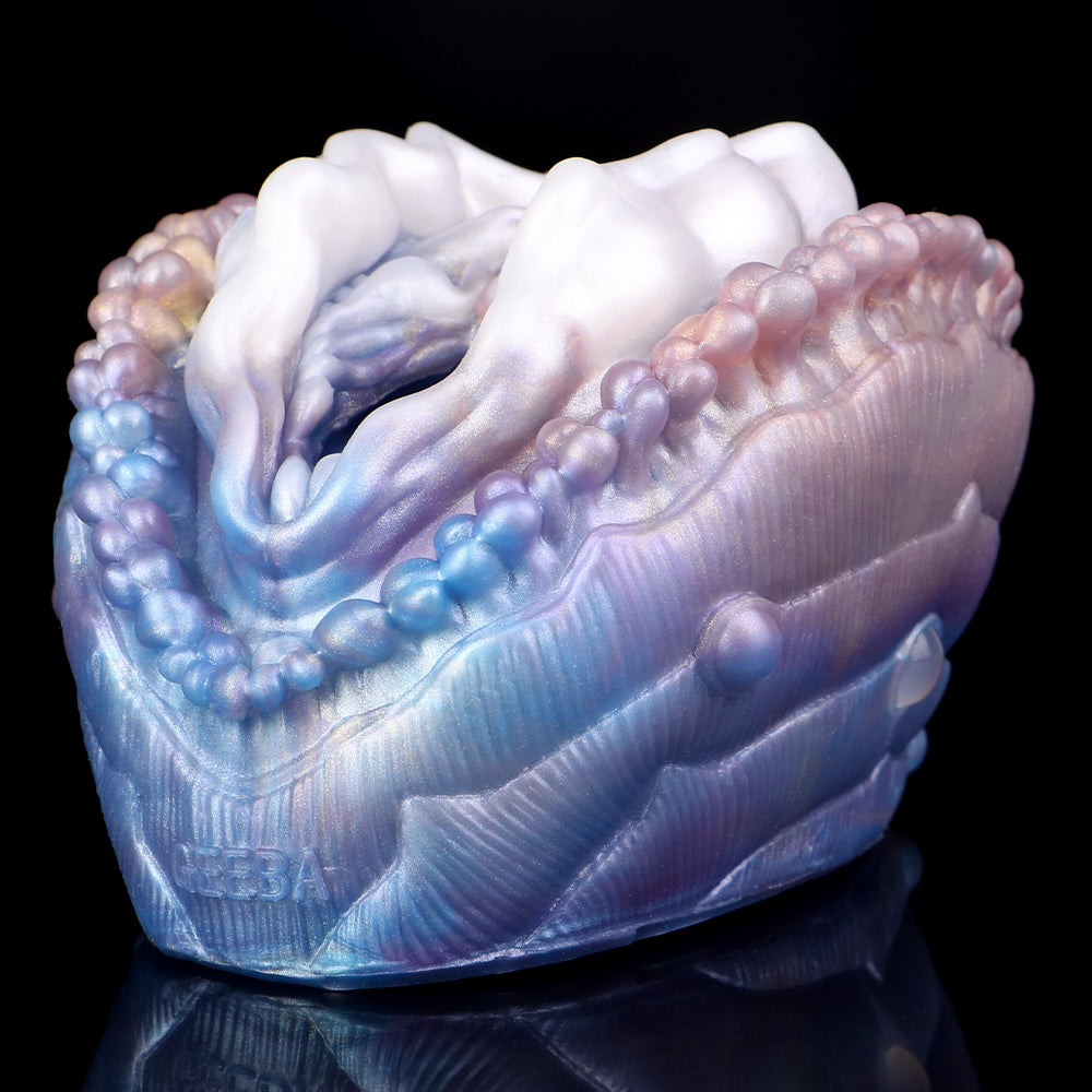 Deep Sea Clam outer shell close-up, iridescent ridges and raised bead bumps
