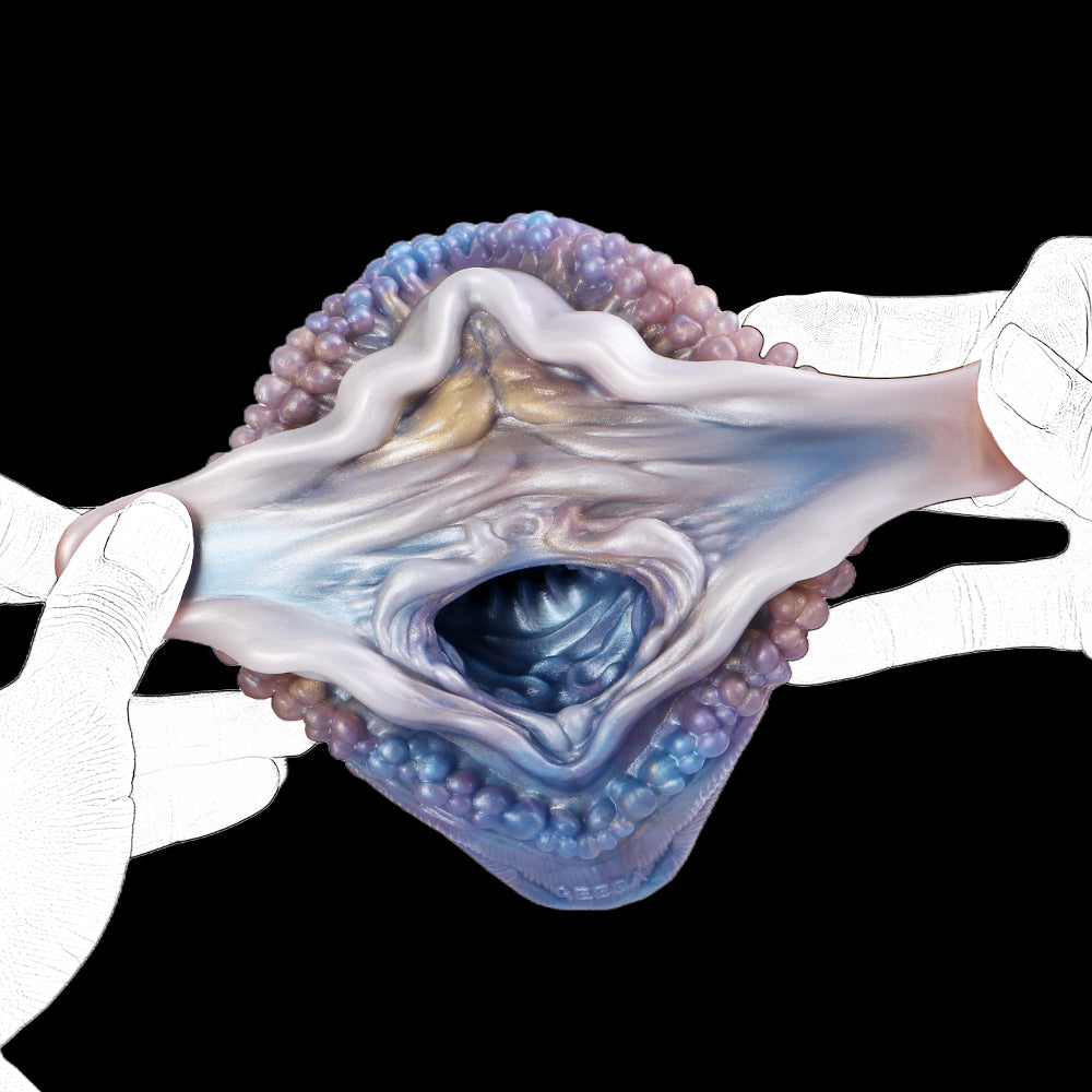 Deep Sea Clam masturbator, side view with open inner cavity and blue ridges