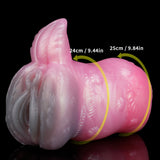 Pink deer fantasy stroker with side view; yellow arrows indicate length segments