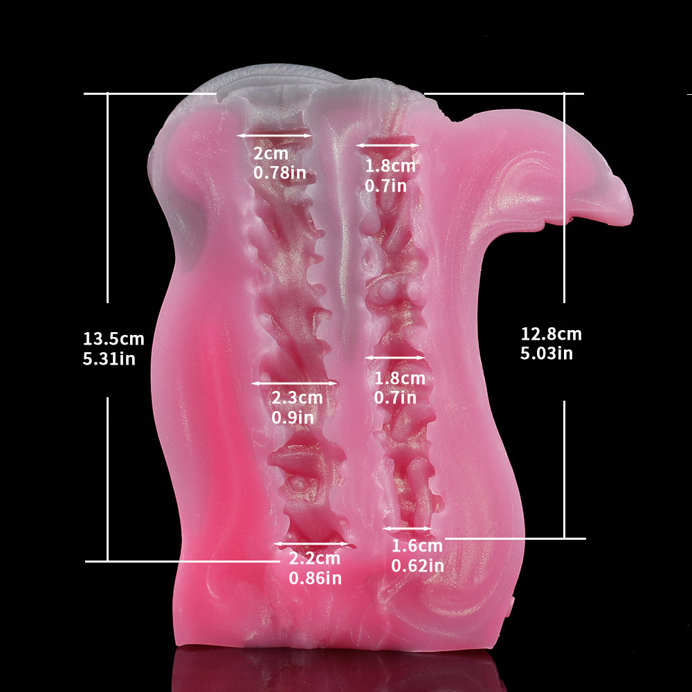 Pink deer-themed stroker with labeled measurement lines and panel dimensions