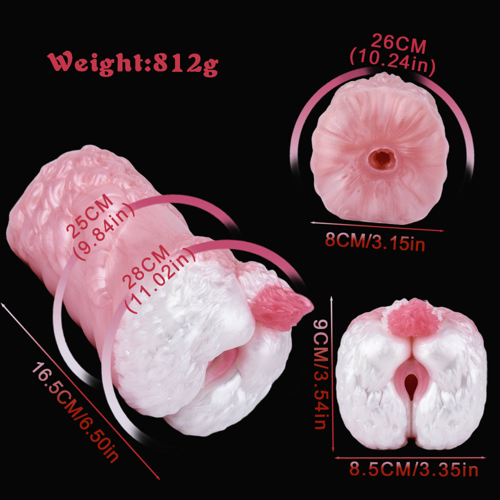 Dragon stroker with end opening and wing details, shown with size diagrams.