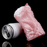 Rosa-weißer Fantasy Stroker neben weißer Tube mit Metallöffnung