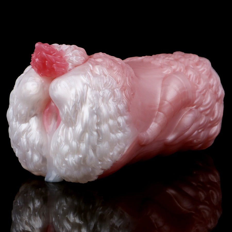 Dragon-themed Fleshlight stroker with white and pink ridged sleeve, curved design