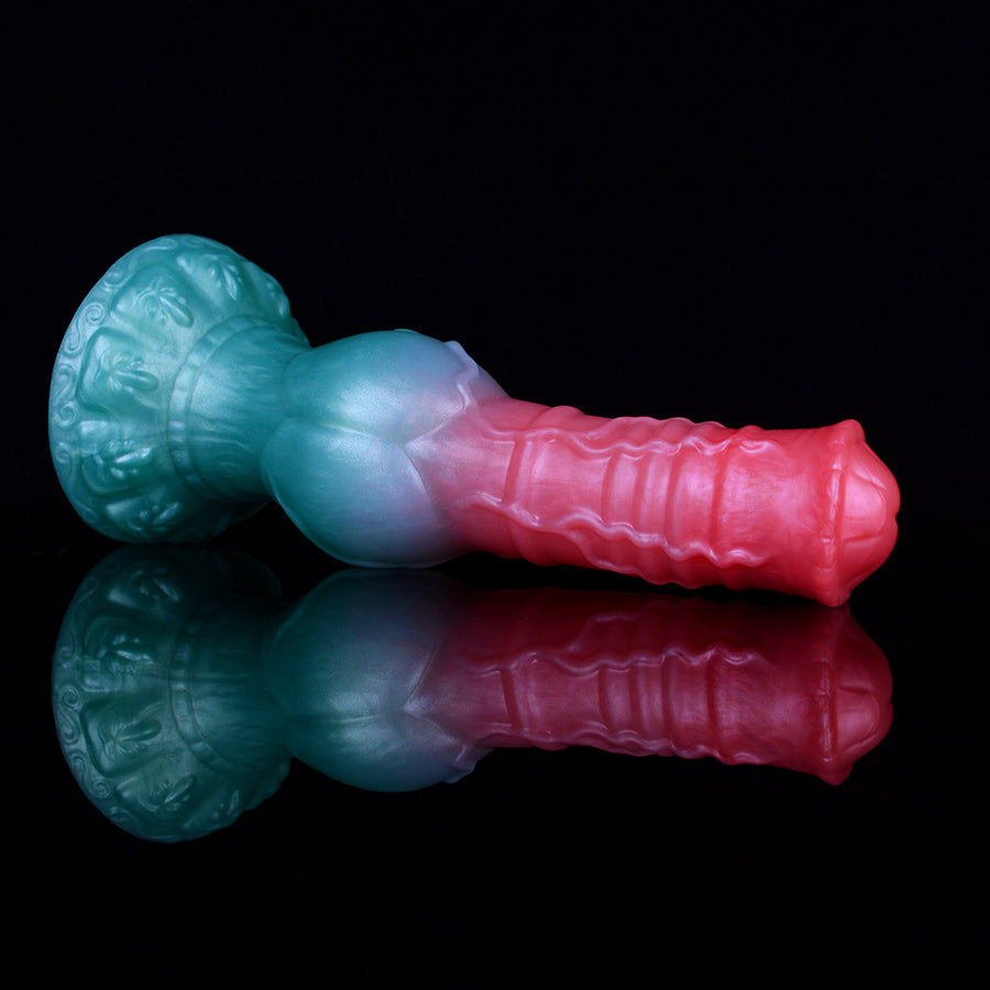Fantasy alien werewolf dildo, teal-to-pink translucent body with ridged grip
