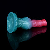 Alien werewolf fantasy dildo, teal head and pink shaft, reflective side view