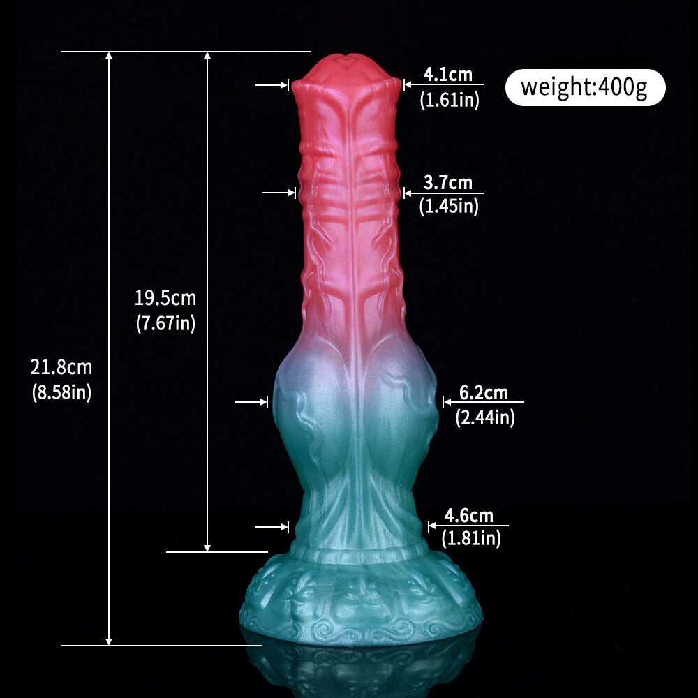 Dengar dildo dimensions diagram: 21.8 cm length, 400 g weight, teal base pink top