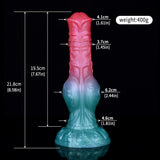 Dengar dildo dimensions diagram: 21.8 cm length, 400 g weight, teal base pink top
