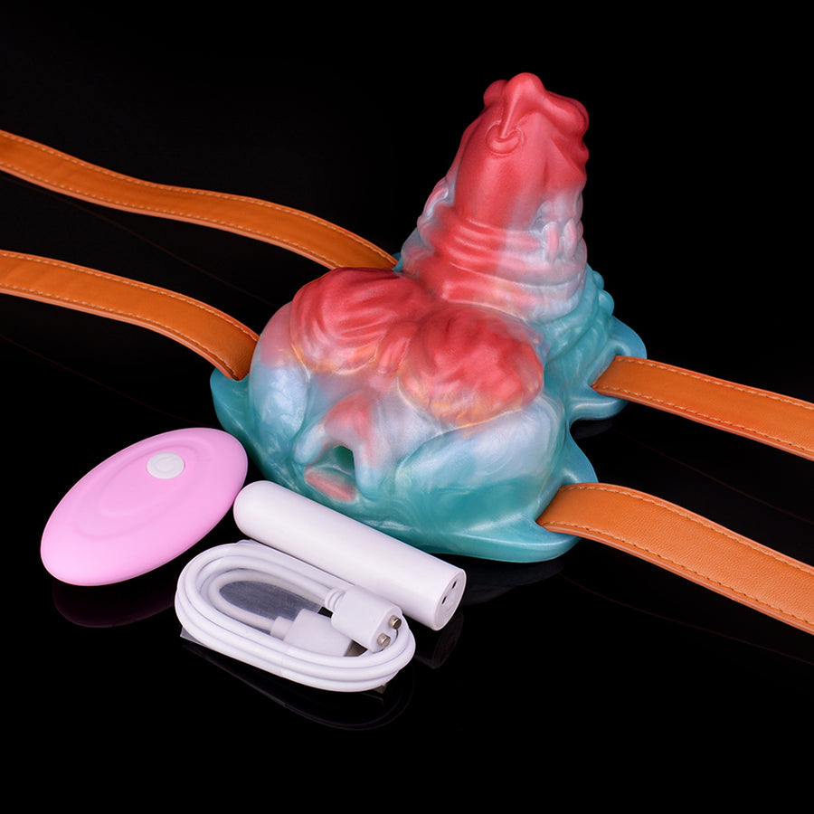 Derica vibrating novelty toy with brown strap, pink control remote and white cable.