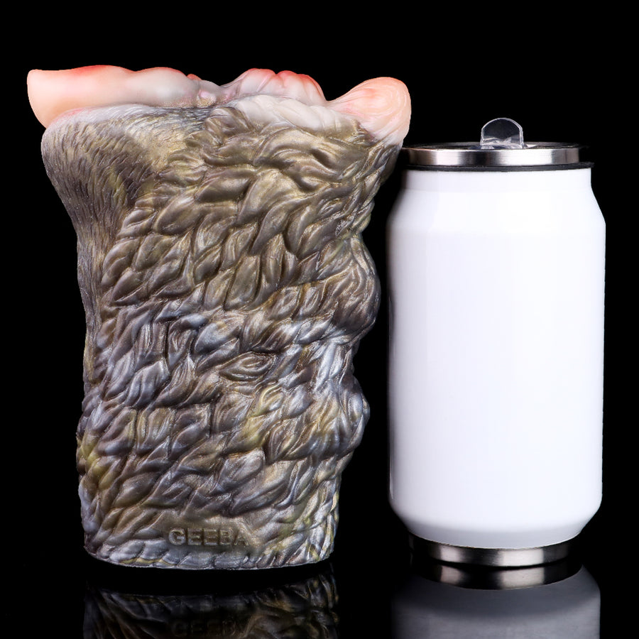 Furry camel-shaped adult sex toy, back view with fur texture and accessory canister