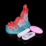 Grinder toy with vibrator: blue-red bumpy base plus pink control unit and white cable