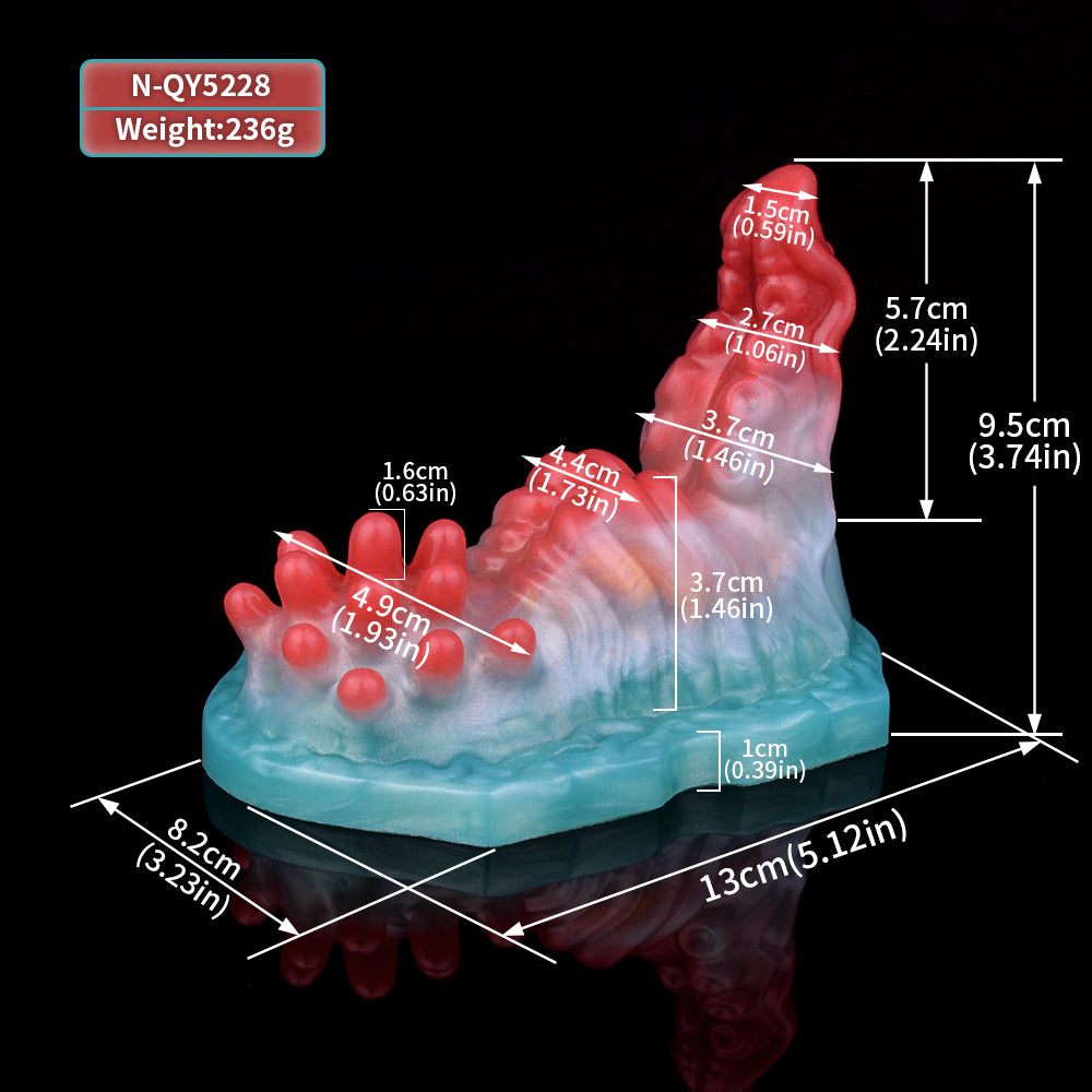 Dione grinder toy size diagram: red-blue base with bumpy texture