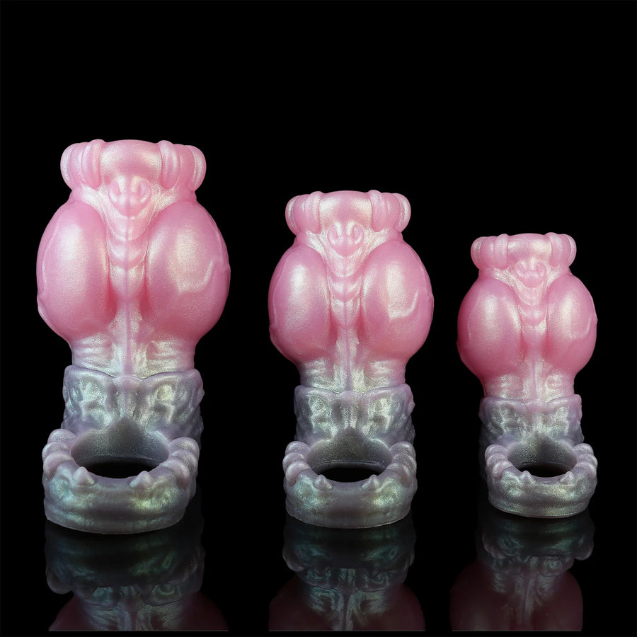 Pink knot cock rings with ball ring in three sizes, side-by-side