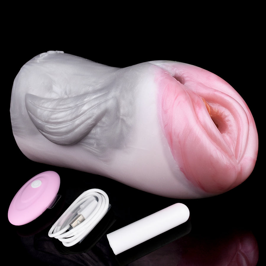 Pink and white dolphin-themed fleshlight with suction-ring opening and accessories