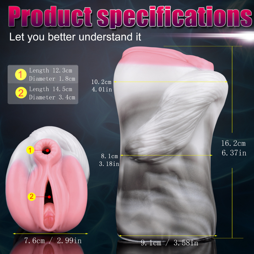 Pony animal masturbator size chart with length and diameter measurements