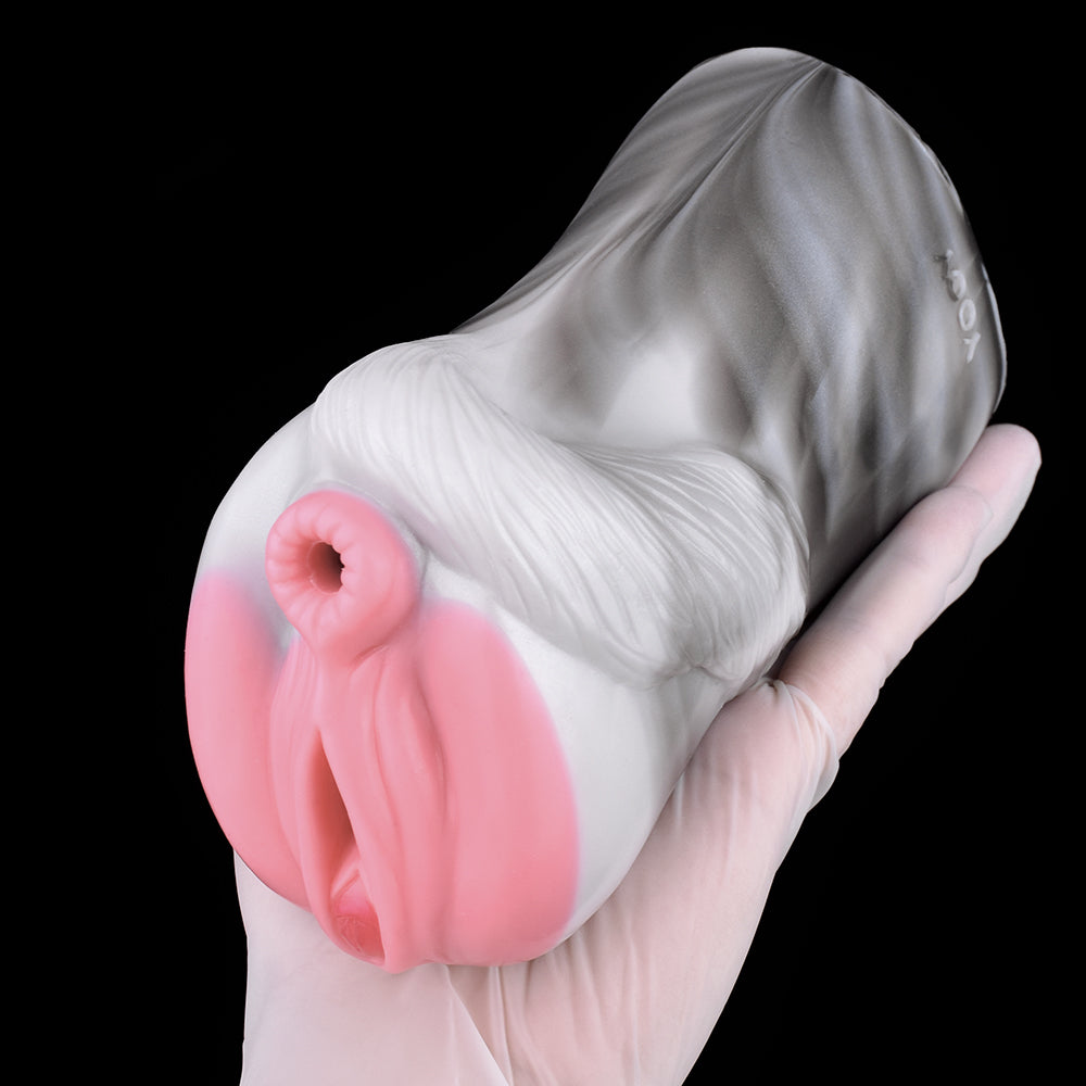 Pony animal masturbator end view, pink insert with textured white body
