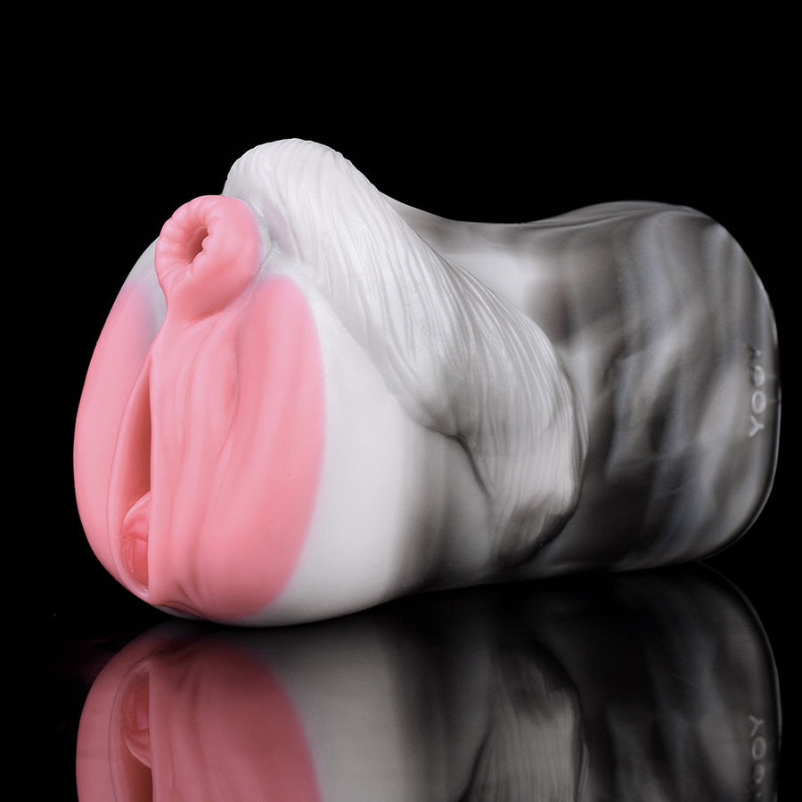 Pony-shaped sex toy with pink base and gray-and-white outer body