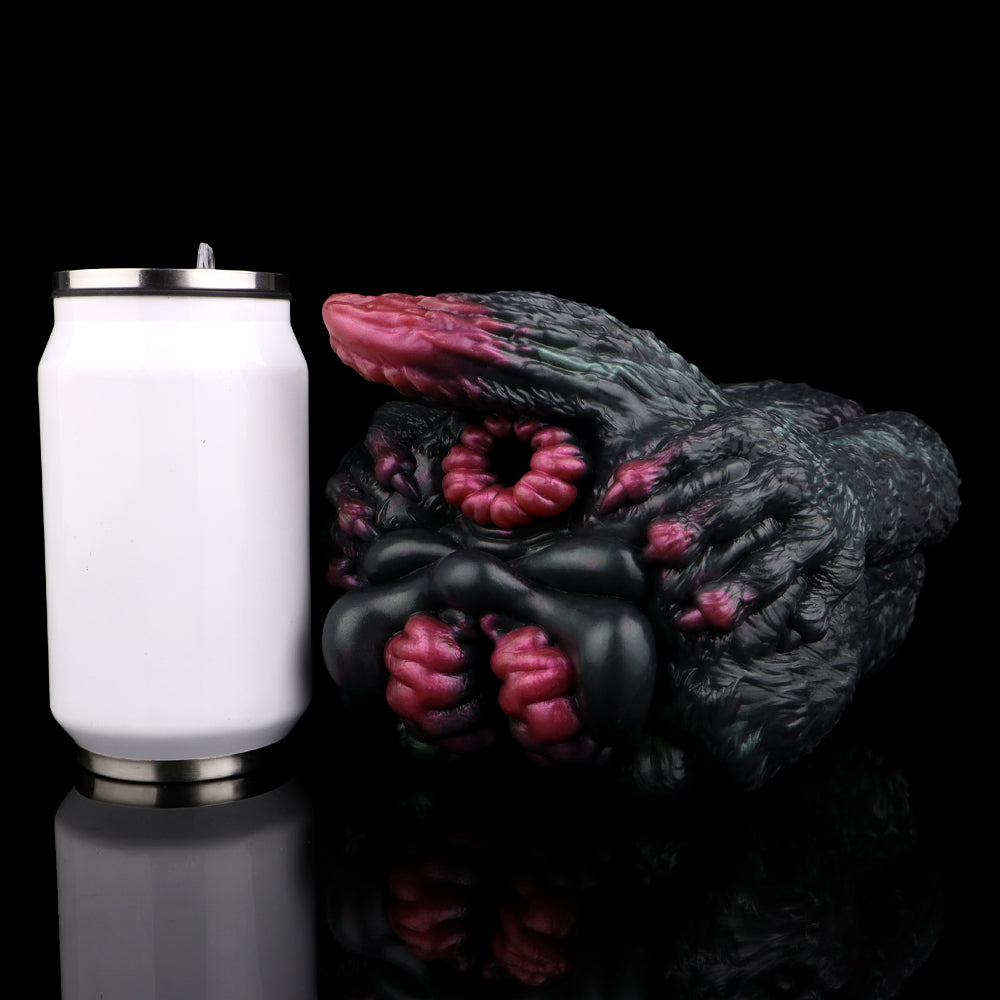 Front view of dragon-cat masturbator with dual pink openings and black body