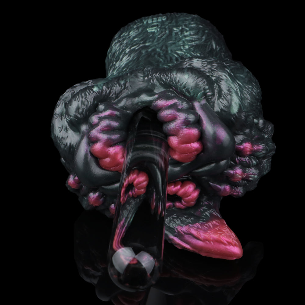 Top view of dragon cat masturbator showing twin pink inner openings