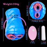 Blue two-hole dragon fantasy fleshlight with pink inserts and size diagram