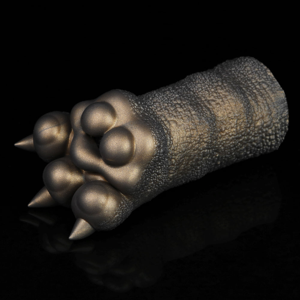 Bronze textured clawed hand in side view with two spiked fingers and curled palm