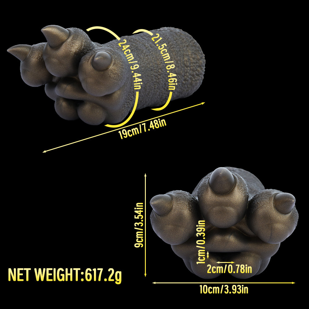 Bronze-colored textured hand figurine holding a clear glass bottle with size diagram