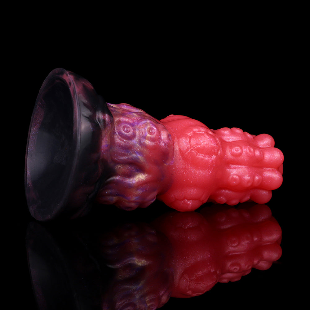 Anal-Dildo mit Flared-Aufsatz, rot-lila Farbverlauf und dunkler Rückseite, gerippt