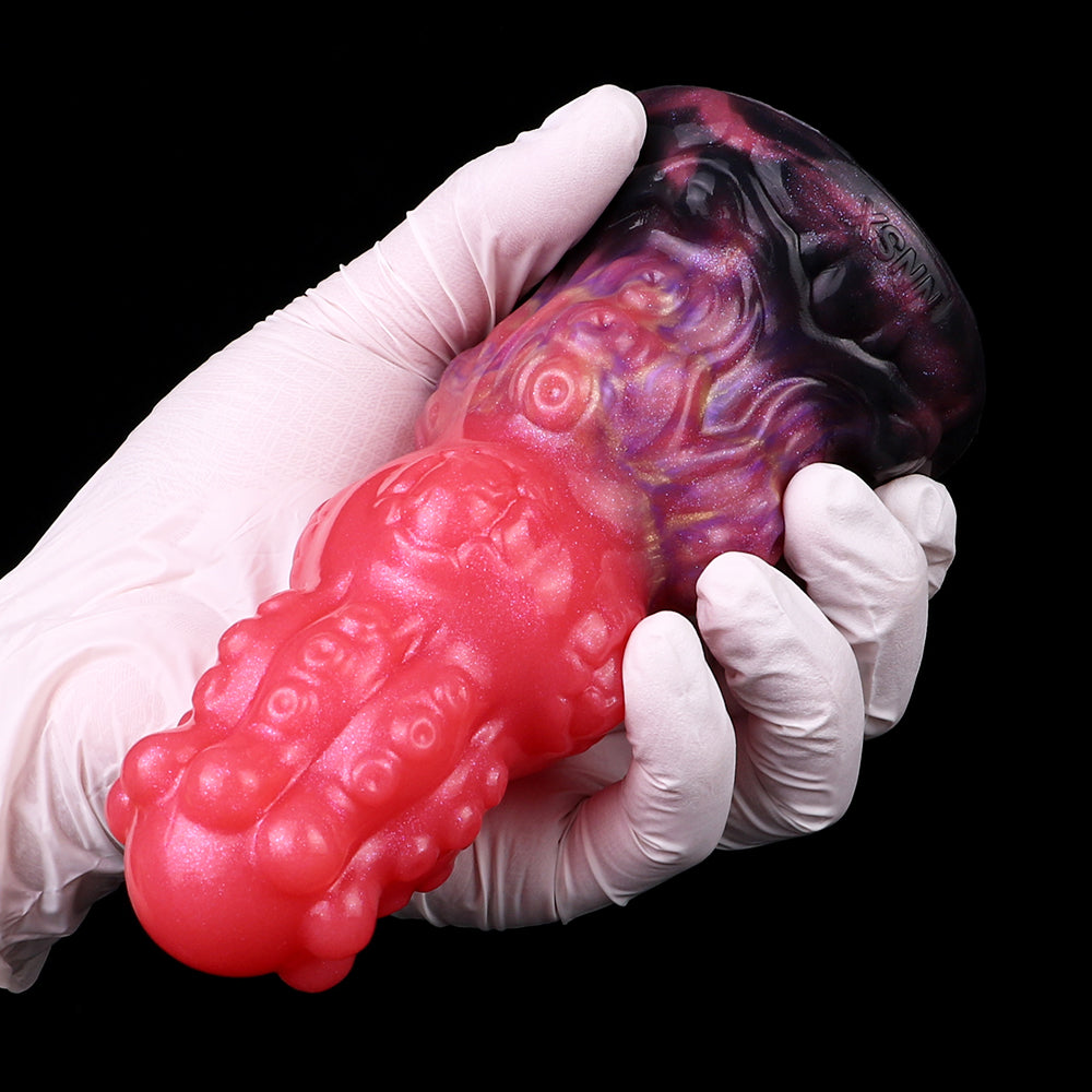 Fantasy-Anal-Dildo in Rot mit lila Schattierung, rundem Kopf und Rippen-Relief