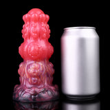 Gerippter Fantasy-Anal-Dildo in Rot, mit lila Muster am Fuß und breiter Form