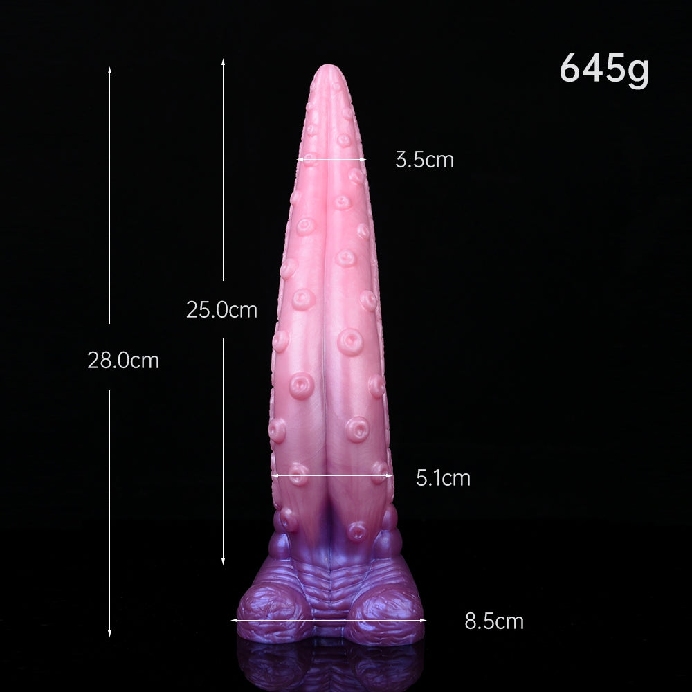 25 cm long, 5.1 cm wide, 645 g: textured pink tentacle dildo with ridged tip.