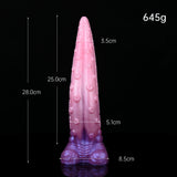 25 cm long, 5.1 cm wide, 645 g: textured pink tentacle dildo with ridged tip.