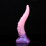 Tall pink tentacle dildo with dotted bumps on the shaft and textured flared base.