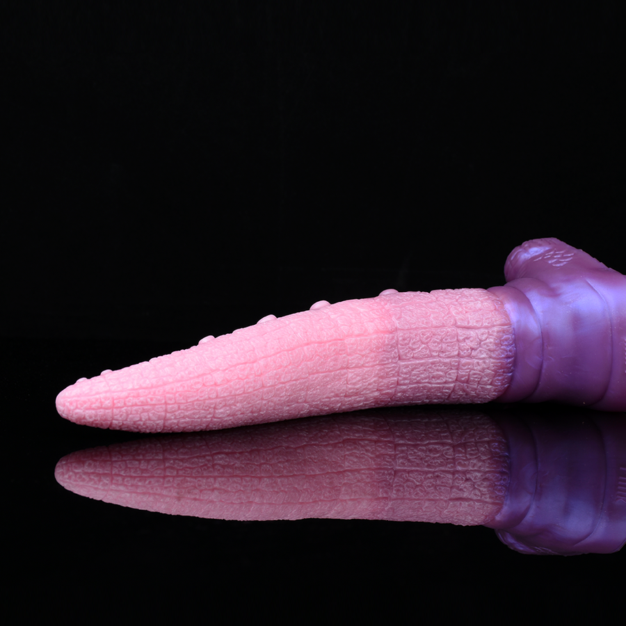 Fantasy tentacle dildo by Eirwen, pink and purple, textured shaft, rounded base.