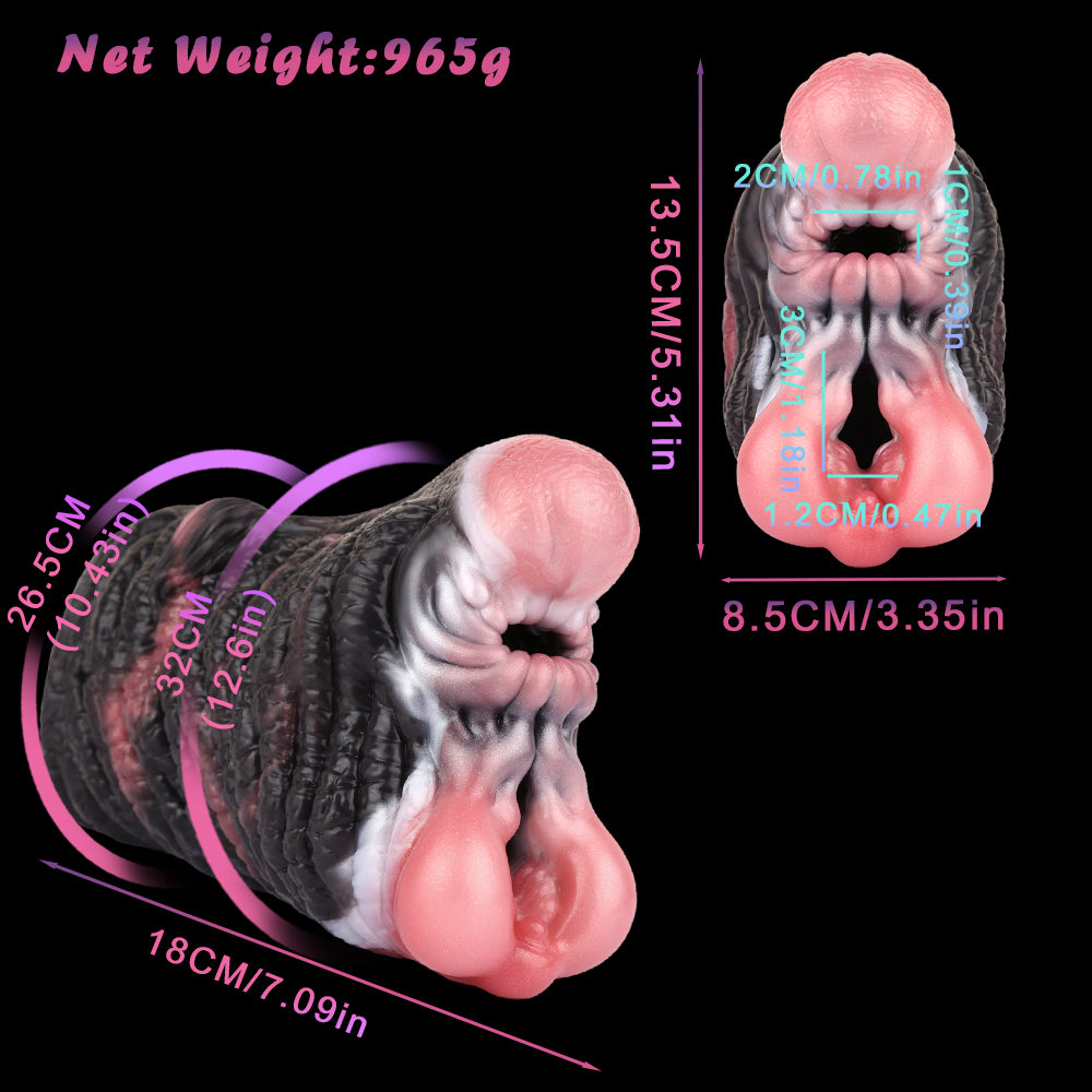 Elephant Fleshlight Fantasy Masturbator mit Maßgrafik und Gesamtform in Elefantenoptik