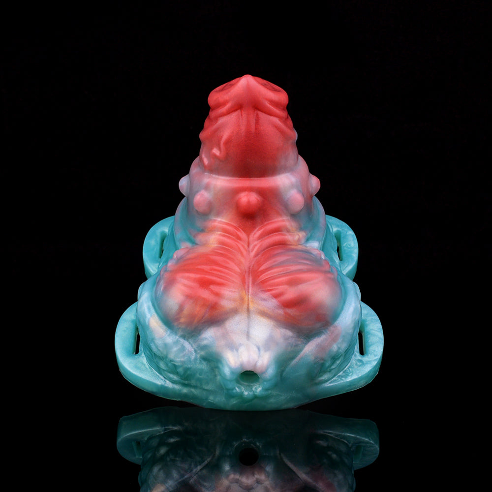 Front view vibrating grinder sex toy, blue base and red top