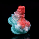 Side view vibrating grinder sex toy with blue base and red swirl head