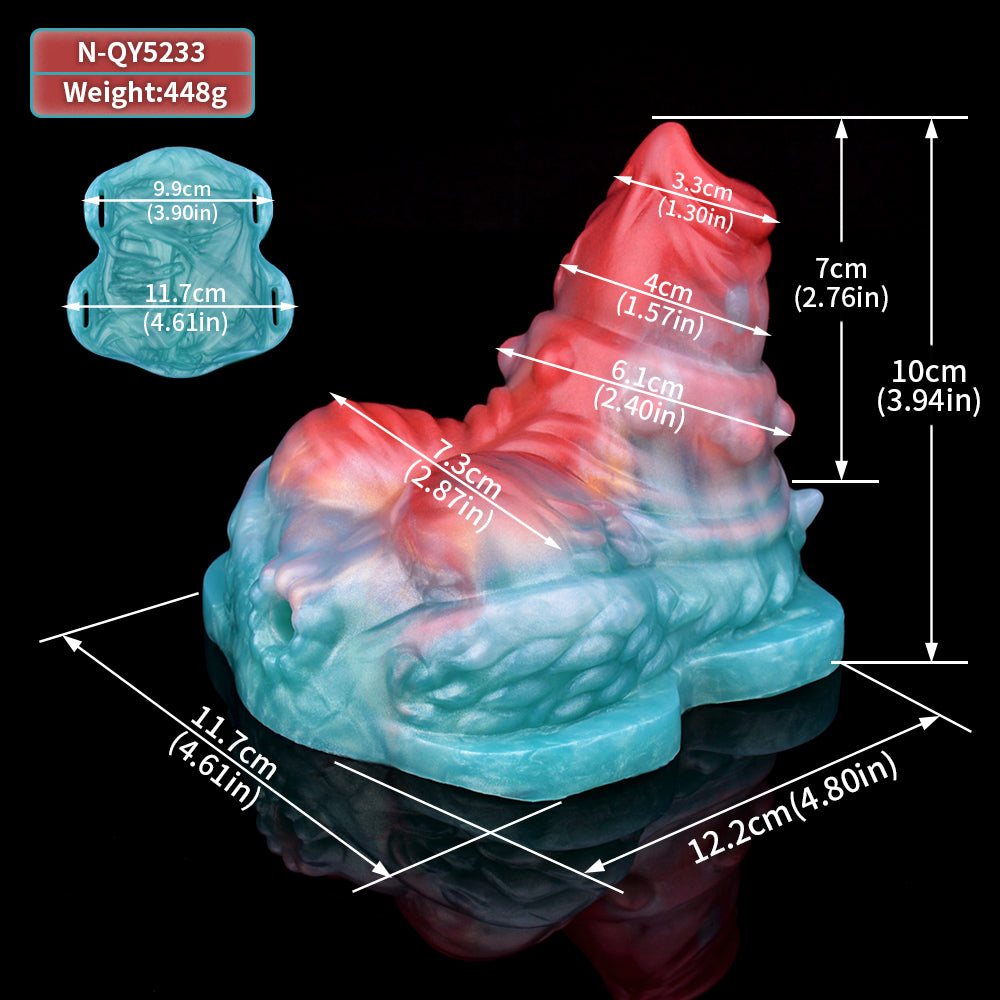 Vibrating grinder sex toy size diagram in blue and red swirls