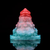 Top view vibrating grinder sex toy, red tip and blue translucent base