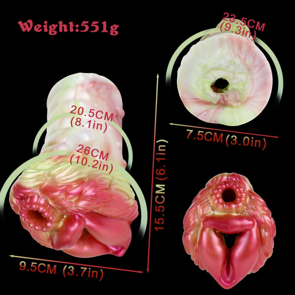 Elyraze monster stroker: angled views of glossy pink-red two-hole face and ridged body